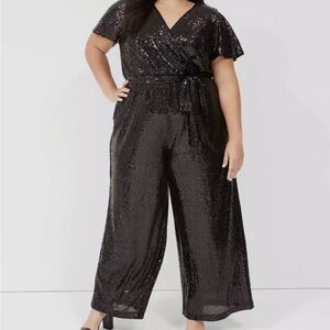 Lane Bryant Black Sequin Wrap Jumpsuit with Tie Waist